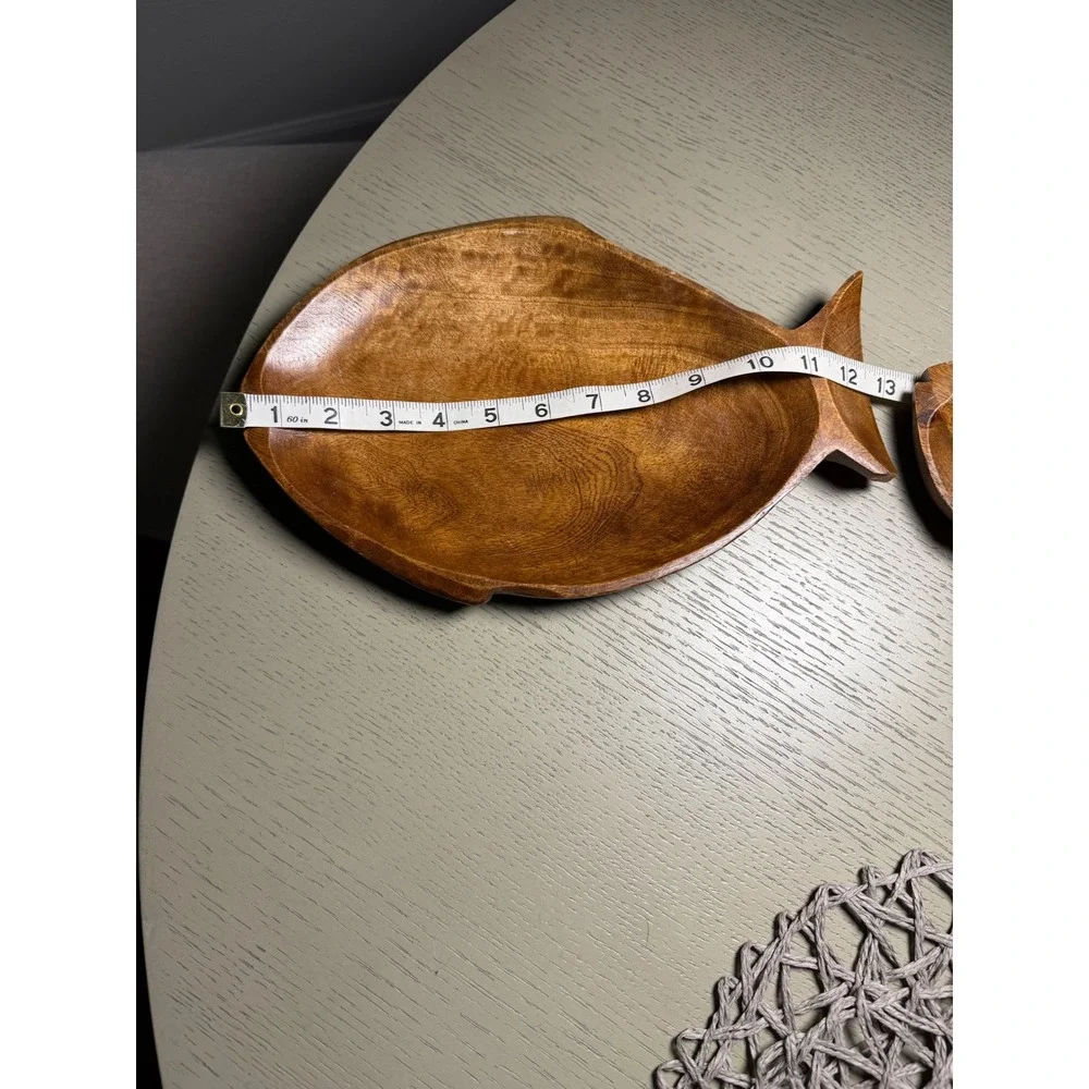 Vintage Hand Carved Acacia Wood Fish Serving Set Platter and Bowls 3 Piece Brown